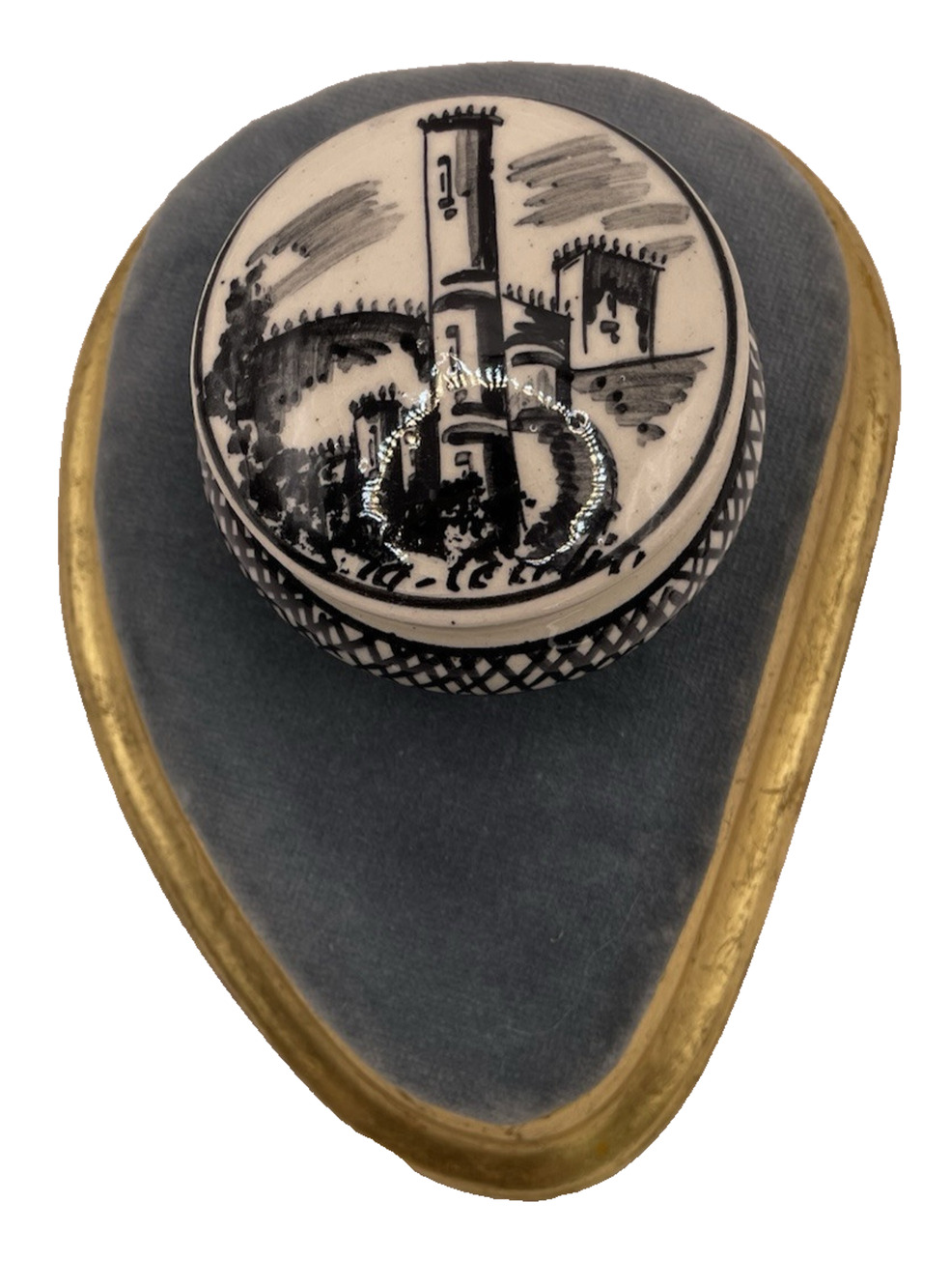 Unique Tiny Three-Footed Trinket Dish Black Tower Painting